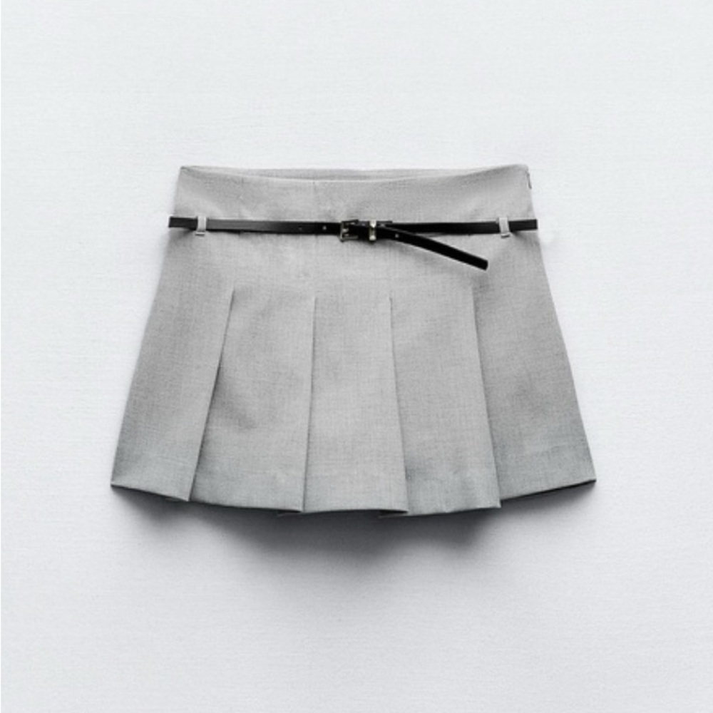 Zara Belted Gray Box Pleated Mini Skort